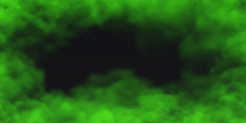 Frame border green fog effect on transparent dark background. Vector smoke cloud.