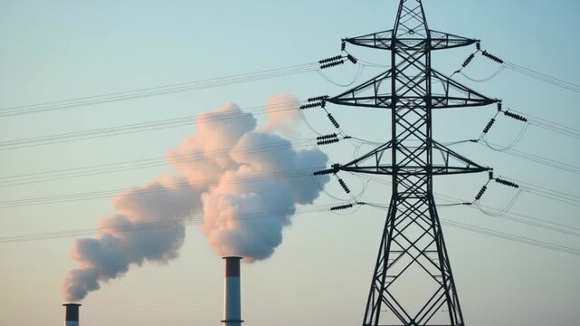 High voltage post. High-voltage tower sky background, factory pipe with smoke over it. Earth pollution and industrialization concept. Selective focus Vertical