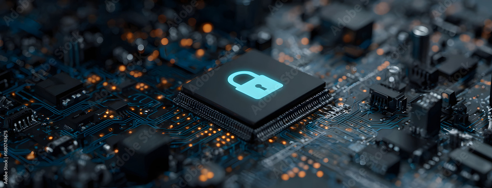 Poster secure connection or cybersecurity service concept o compute motherboard closep and safety lock with