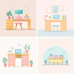 Desk playful pastel cartoon collection, cute vector characters, soft vibrant design.