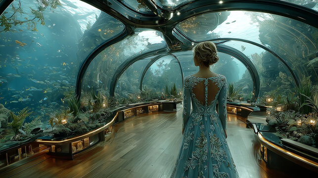 Fototapeta A woman in the spaceship looking out of the window to see futuristic landscape world.