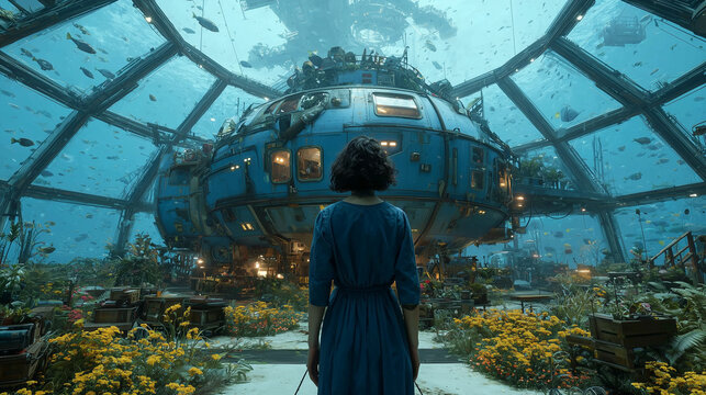 Fototapeta A woman is in the spaceship , cae see underwater view out of the large window.