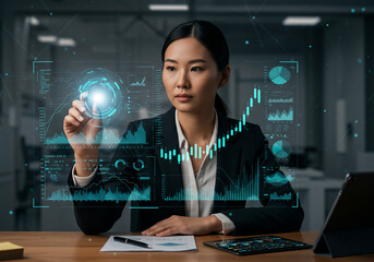 Asian businesswoman interacting with a digital interface displaying financial data, charts, and a glowing sphere, in a modern office setting.