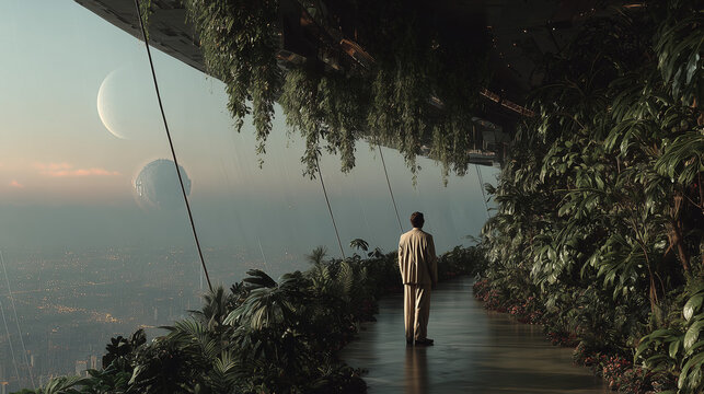 Fototapeta A man standing in the spaceship , can see futuristic world out of the window.
