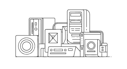 Server equipment and computers connect with cables. Network infrastructure, information technology, datacenter, communication, data management, connection.