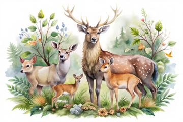 wildlife illustration watercolor style on white background ,PNG.AI Generated.