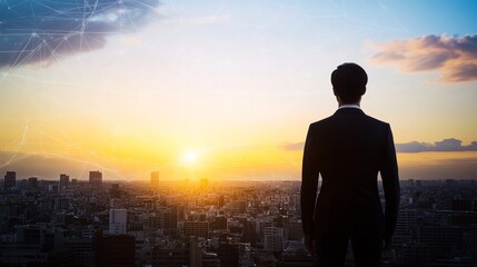 Fototapeta premium Visionary Entrepreneur at Dusk A Cinematic Cityscape Embrace of Success and Future Innovation