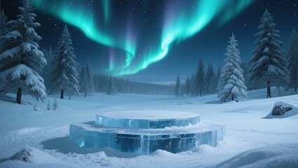 Frozen crystal ice platform with glowing aurora borealis snowy pine forest starry winter night background artwork
