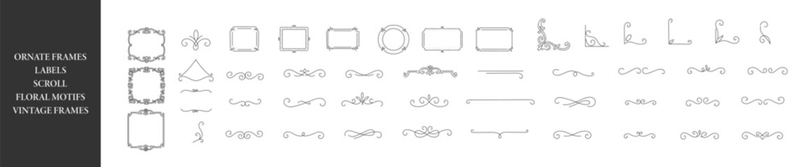 Ornate elements, frames, labels, scroll, floral motifs. Vintage frames. Elegant decorative dividers, ornate line separators