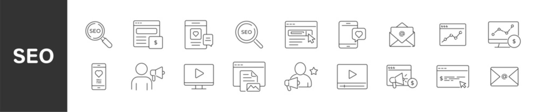 Marketing and SEO outline icon set. Search Engine Optimization icon collection. Vector illustration