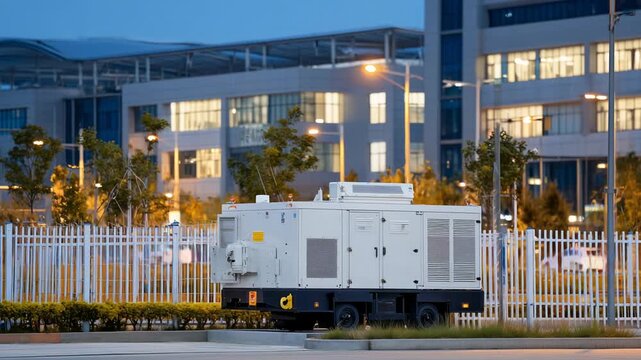 Outdoor heavy-duty diesel generator near an industrial building, secured with fencing and ambient twilight lighting.
