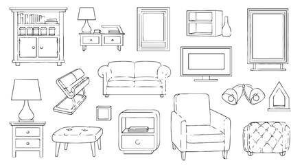Furniture set outlines present varied items. Living room elements, interior design, home decor, furnishings, furniture, drawing, vector, sketch, house, style.