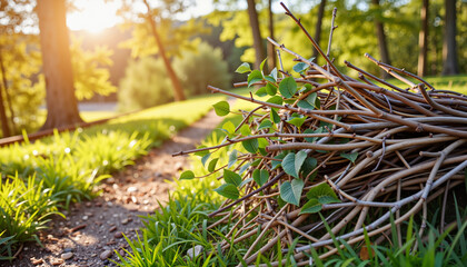Fototapeta premium Pile of branches beside a grassy path in a sunlit forest 