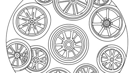 Wheels pattern illustration, black and white design. Circular, repeating shapes. Automotive, transport, background, style.
