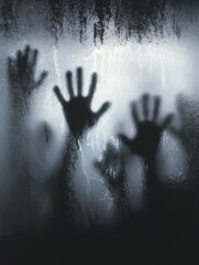 silhouettes of hands pressed against a frosted glass surface.