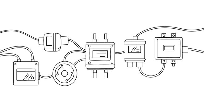 Connected components and wires create a network. Electrical system, wiring, technology, circuitry, automation, electronics, mechanical, cyber.