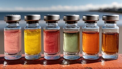 Colorful vials, various liquids, seaside backdrop