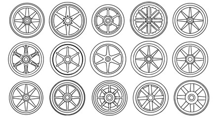 Assortment of outlined wheels with spokes, variety design. Vehicle components, design, transportation, engineering, parts, equipment, drawing, template, industry, mechanical.