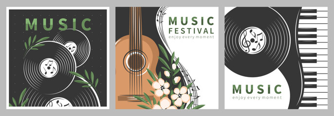 Set of music posters cover album, Classical music concert or festival. Piano keys, vinyl records, guitar and sheet music. Vector banner for music events, advertising.