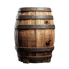 Obraz premium Close-up view of a rustic wooden barrel with metal bands and a spigot on a black background