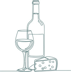 Continuous line art of a wine glass bottle and cheese isolated on white background