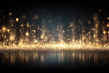 Golden glitter sparkles on dark surface, reflecting light