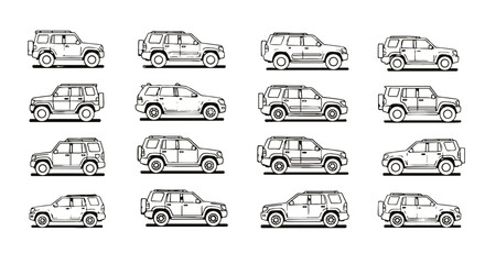 Diverse SUV car models display, various body styles. Automotive designs, vehicle diversity, auto industry, transport, design trends, automobile evolution.