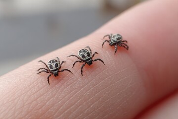 Obraz premium Three tiny arachnids crawl on a finger