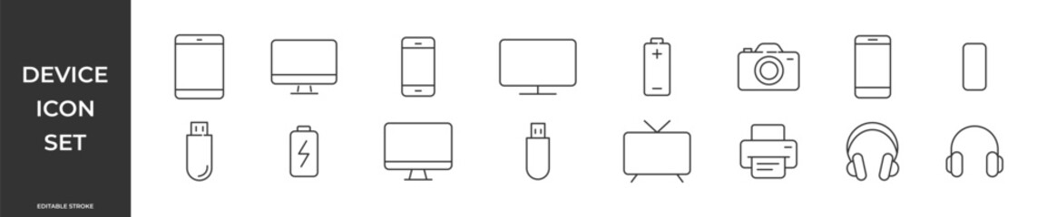 Devices set of web icons in line style. Electronic devices, technology, computers, mobile phones. Editable stroke. Vector illustration