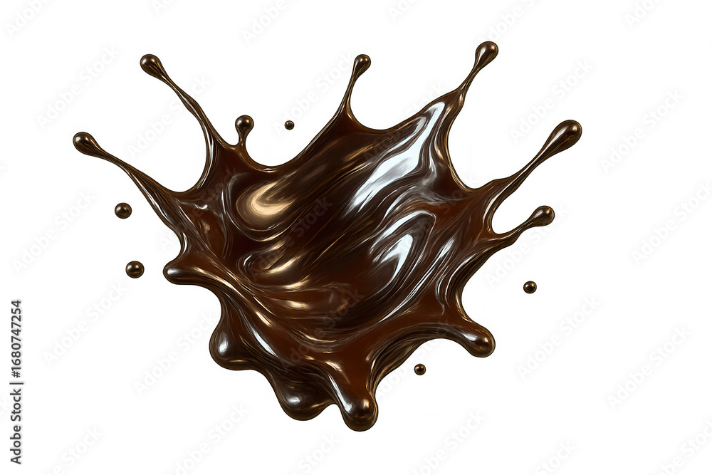 Poster hot chocolate dynamically splashing, creating crown-like pattern, transparent backdrop highlighting 