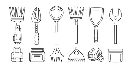 Collection of outlined kitchen tools. Cooking, kitchenware, utensils, cookware, equipment, culinary, preparation, food, home, cook, chef, service