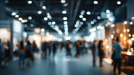 Blur, defocused background of public exhibition hall Business tradeshow, job fir, or stock market. Organzation or company event, cmmercial trading, or shoppng mall marketing advertisment concept