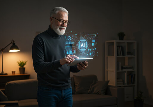 An elderly man uses a tablet with a holographic AI interface in a living room. 