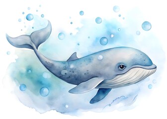 Watercolor Blue Whale Swimming Underwater with Bubbles