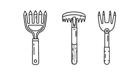 Gardening tools in simple black line art. Rakes, cultivating, planting, tending, agriculture, horticulture, farming, landscaping, drawing, cartoon, outline