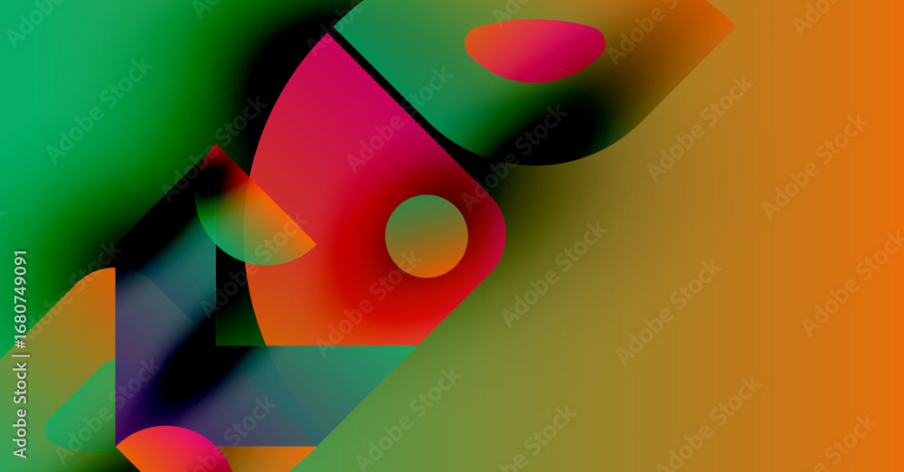 Poster abstract composition. vivid colors blend, creating dynamic shapes. gradients suggest depth, movement
