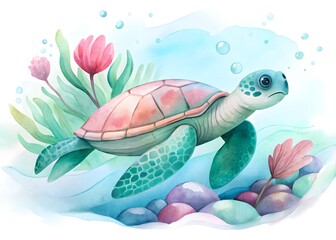 Watercolor Sea Turtle Swimming with Coral and Bubbles