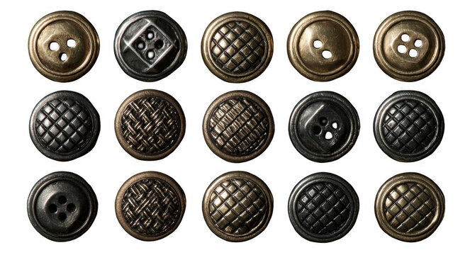 Close-up view of assorted vintage metal buttons with various textures and patterns on black background