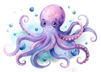 Cute Purple Octopus Watercolor Illustration