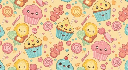 Cute Cartoon Sweets Pattern: Cupcakes Lollipops Candies.