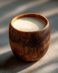 Wooden Cup of Coffee or Tea with Creamy Beverage, Warm Morning Light