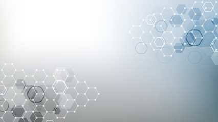 Health care or medical abstract background with hexagons, lines and dots. Scientific innovation banner template concept. Biology and pharmaceutical technology background. illustration.