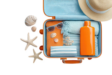 Open orange suitcase filled with summer vacation essentials, including seashells, starfish, sunglasses, a straw hat, sunscreen, and colorful fabrics