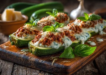 Stuffed zucchini boats, cheesy, savory filling