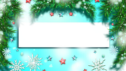Christmas card mockup with fir branches and snowflakes. Winter frame festive design template.