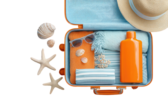 Open orange suitcase filled with summer vacation essentials, including seashells, starfish, sunglasses, a straw hat, sunscreen, and colorful fabrics