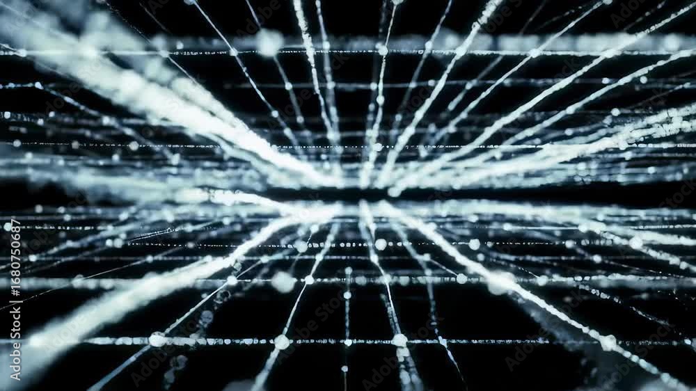 Poster abstract digital network grid with moving particles and light, symbolizing data stream in a modern t