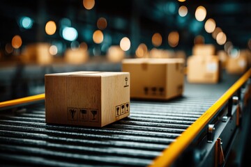 Cardboard package on yellow conveyor belt