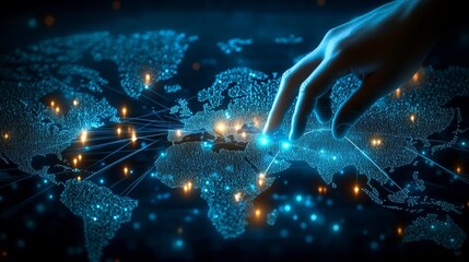 Hand Navigating a Digitized World, Connecting Global Data for Enhanced Communication and Innovation
