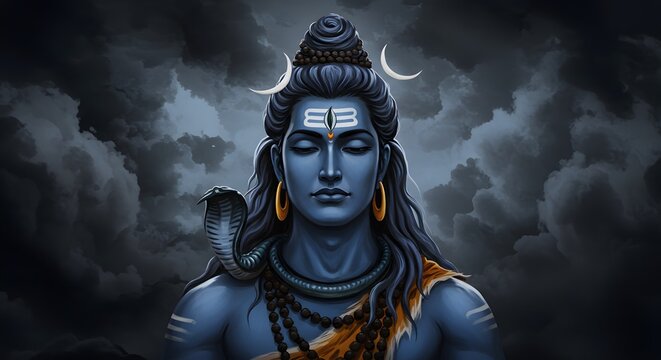Mystical Blue Deity with Cobra, Crescent Moon and Stormy Background